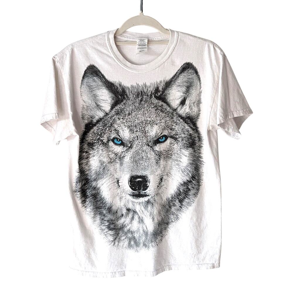 Realistic Wolf Face Large Graphic Print Mens White Tee TShirt Size M Gildan Tag